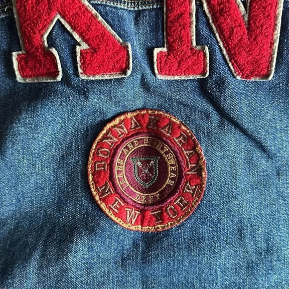 Vintage ‘92 Designer Donna Karan NY Denim Felt Letterman Vest Streetwear Retro - Picture 9 of 11